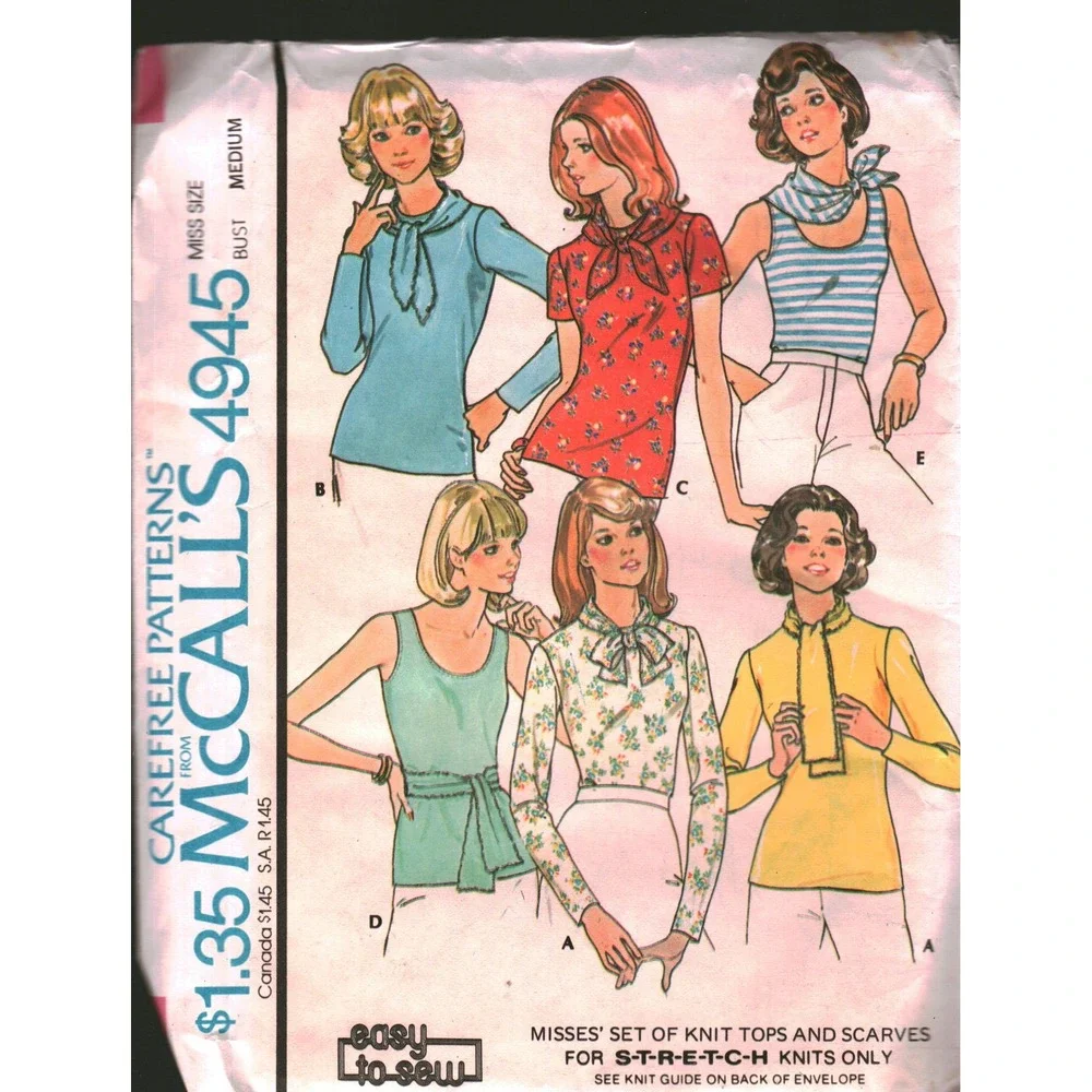 Vintage McCalls 4945 Knit Tops and Scarves Sewing Pattern Sz Medium 1970s Retro